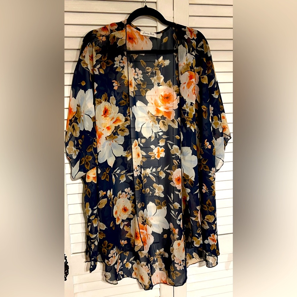 3X Emory Park Navy Flowy Floral Sheer Hi-low Kimono Cover Up